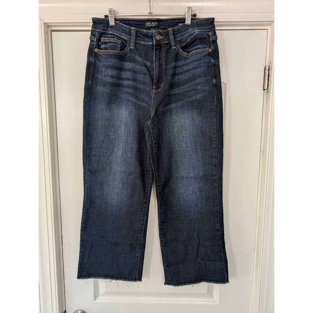 Judy Blue Womens Wide‎ Leg Jeans Size 13/31 Dark Wash Denim Frayed Hem